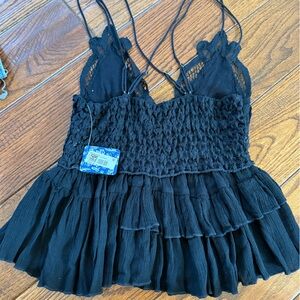 Free People Adelle Black Smocked Lace-Trim Tiered Camisole